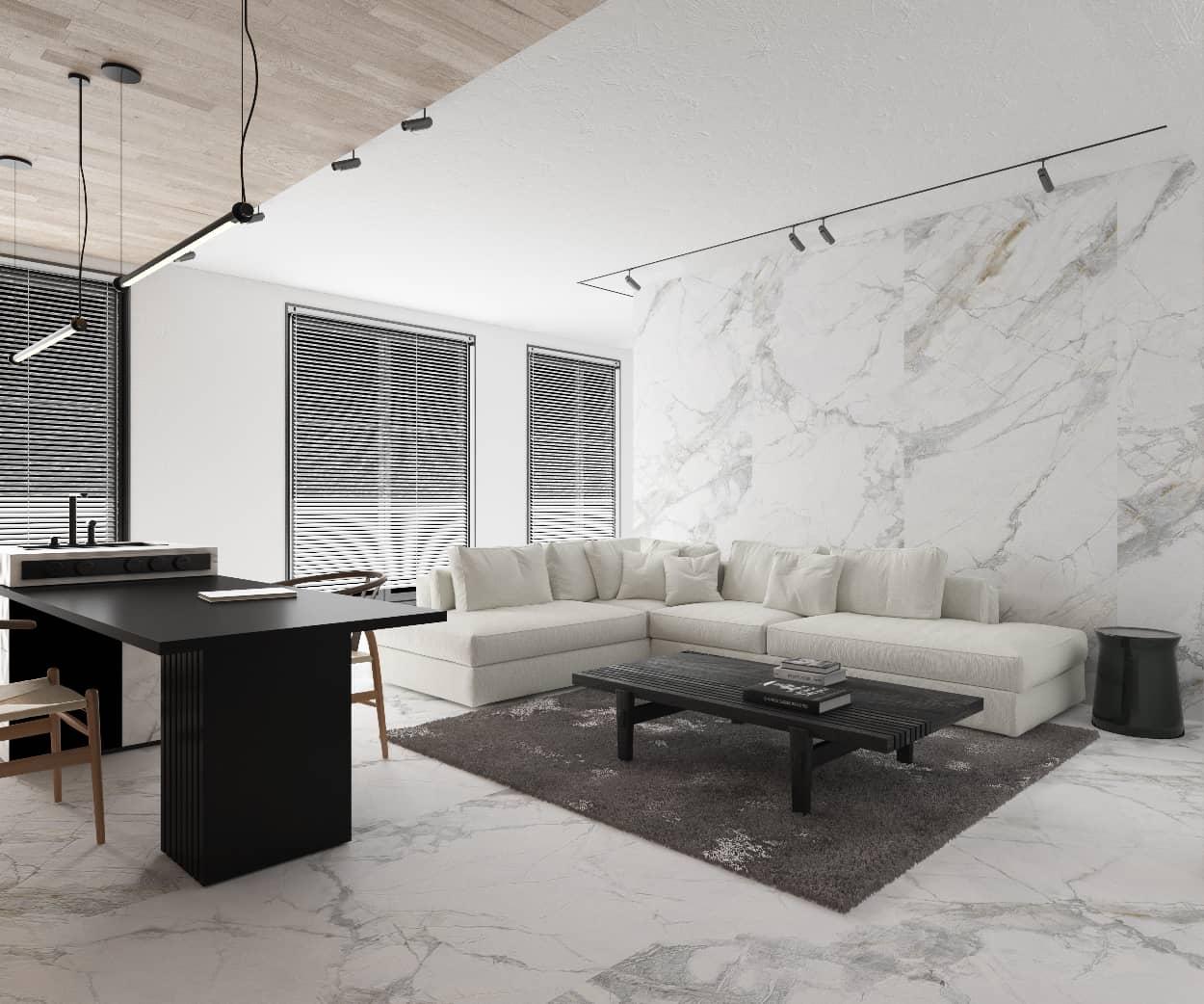 Large-format sintered stone used in a modern interior